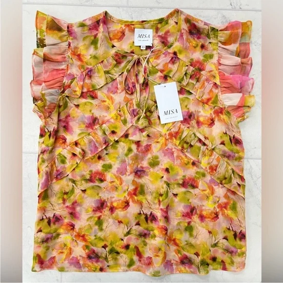 NWT Misa Los Angeles Multicolor Floral Ruffle Blouse Size XS